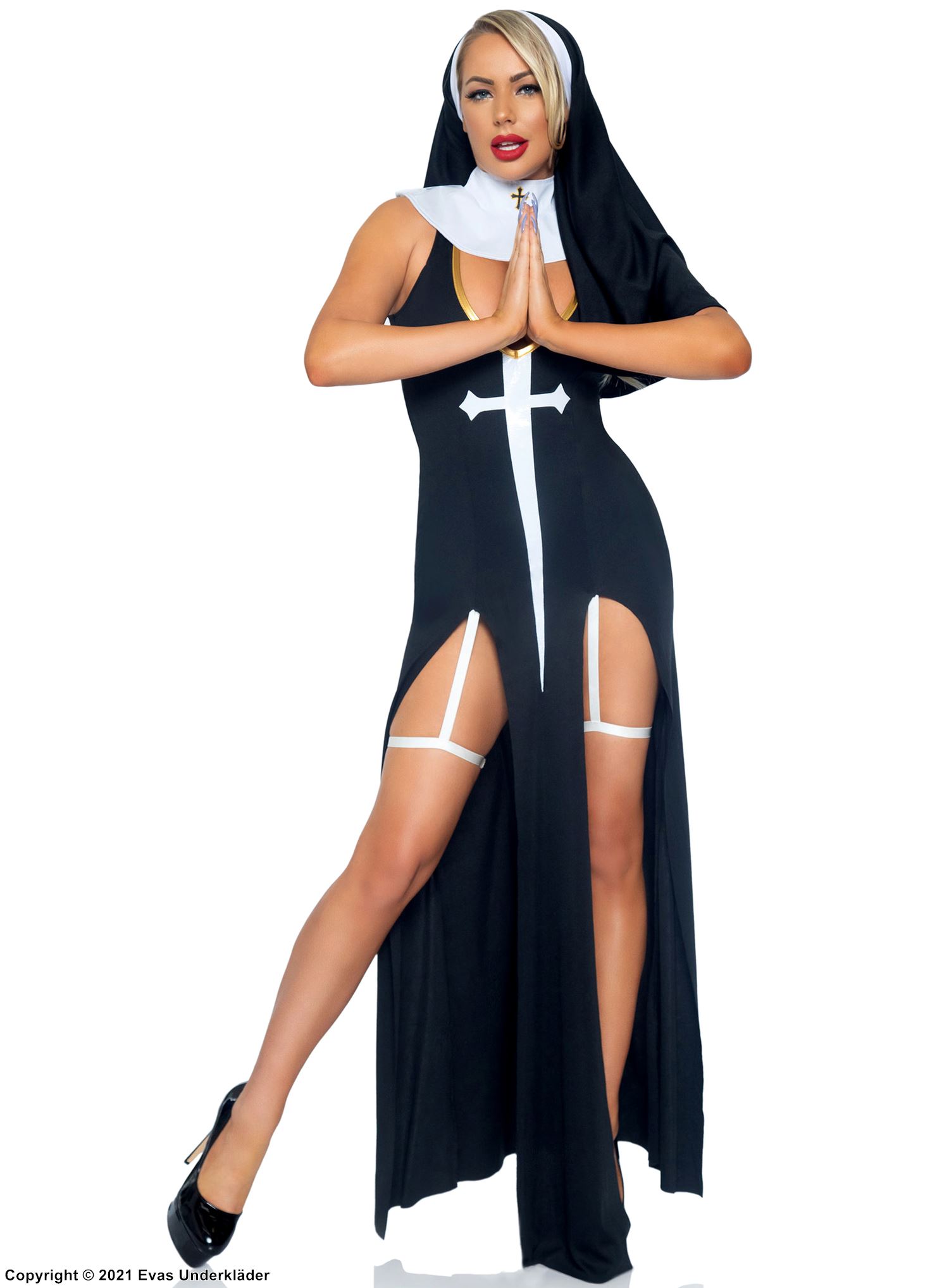 Nunna, maskeradklänning med kors, djup urringning, inbyggda strumpebandshängslen och hög slits